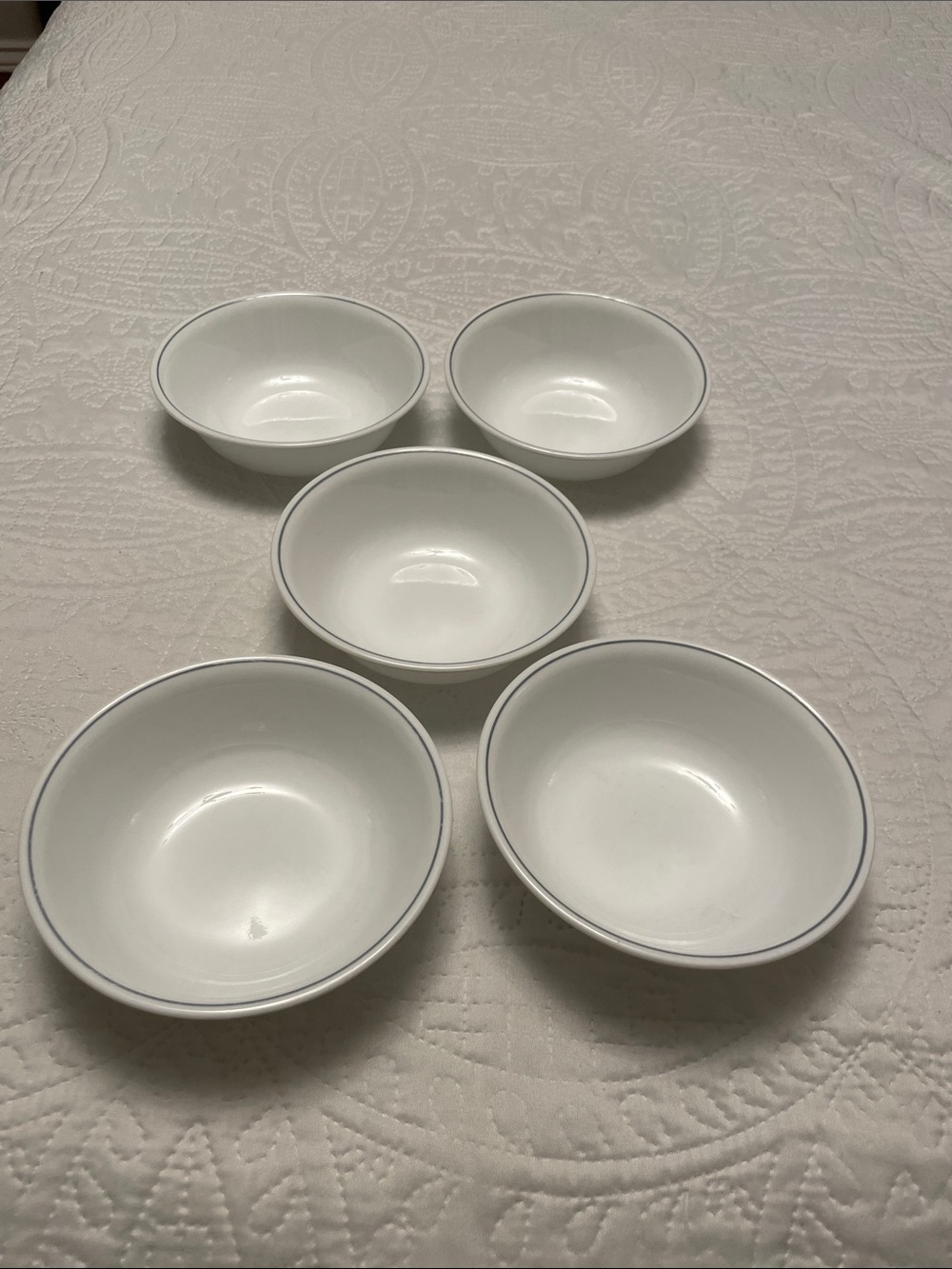 CORELLE Set of 5 Soup Bowls Cereal Bowls White with Blue Stripe Rim